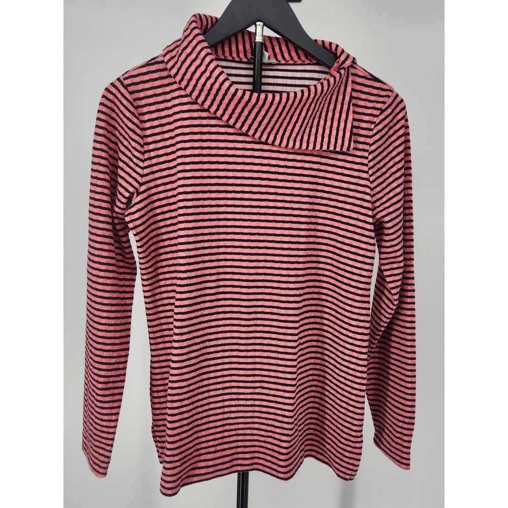 Talbots Womens Pink Navy Blue Striped Asymmetrical Cowl Neck Ribbed Top Small